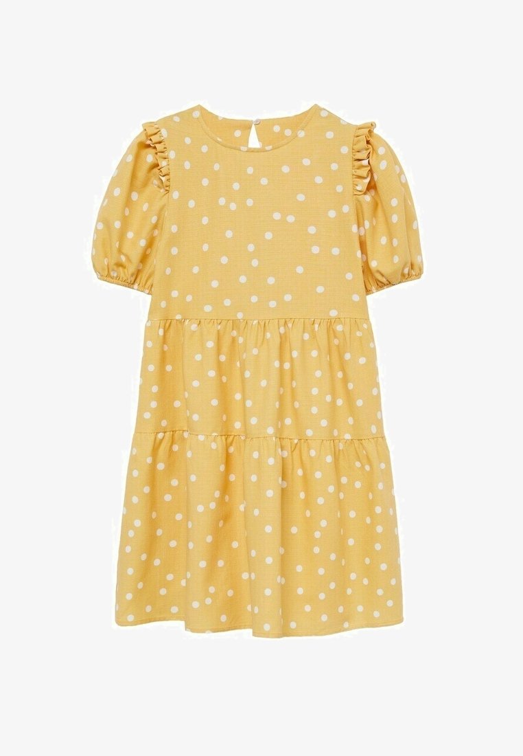 Robe jaune pour enfants avec des pois blancs, manches courtes bouffantes avec volants et jupe à volants en étage.