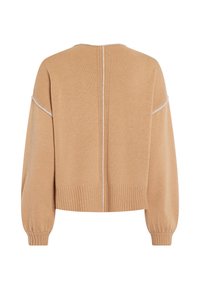Beige knit sweater with a cropped design, featuring a textured body, ribbed cuffs, and a central seam detail along the back.