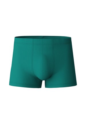 Teal cotton boxer briefs with a seamless design, smooth texture, and defined stitching on the waistband and leg openings.