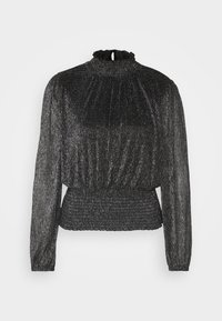 Blouse noire transparente à manches longues avec col haut à volants et taille smockée, présentant une texture métallique subtilement scintillante.
