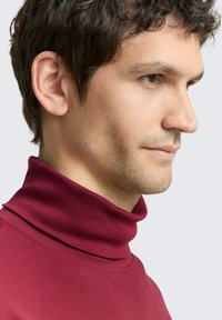 Mann mit kurzen lockigen Haaren und leichtem Stoppelbart, der einen weinroten Rollkragenpullover trägt und sich nach rechts mit einem einfarbigen hellen Hintergrund wendet.