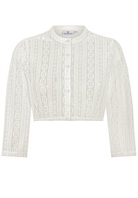 White lace cropped cardigan with a round neckline, long sleeves, button closures, and vertical floral patterns. Soft texture, delicate design.