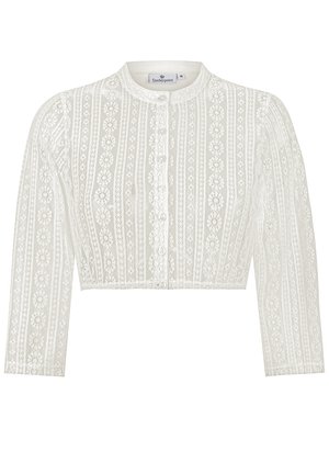 Weißes Spitzen-Cropped-Cardigan mit rundem Ausschnitt, langen Ärmeln, Knopfverschlüssen und vertikalen Blumenmustern. Weicher Stoff, zartes Design.