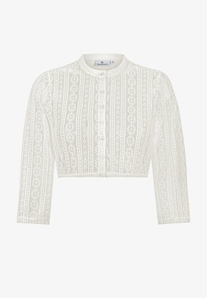 Weißes Spitzen-Cropped-Cardigan mit rundem Ausschnitt, langen Ärmeln, Knopfverschlüssen und vertikalen Blumenmustern. Weicher Stoff, zartes Design.