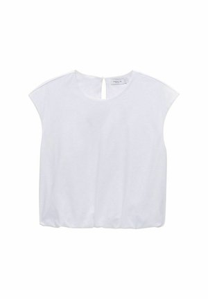 Witte katoenen top met korte mouwen, ronde halslijn, kleine opening aan de achterkant, licht getailleerde taille en een zachte textuur.