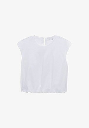 Witte katoenen top met korte mouwen, ronde halslijn, kleine opening aan de achterkant, licht getailleerde taille en een zachte textuur.