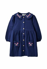 Marineblaues Baumwollkleid mit Knöpfen, einem Rüschensaumkragen und bestickten floralen Akzenten auf den Brusttaschen. Lange Ärmel mit elastischen Bündchen.