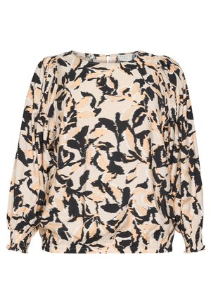 Lange mouwen blouse in een beige stof met een abstract zwart en perzik patroon, met geplooide details bij de taille en de manchetten.