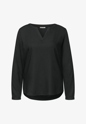 Haut noir à manches longues avec un col en V, fabriqué en tissu lisse. Présente un ourlet légèrement arrondi et des poignets boutonnés sur les manches.