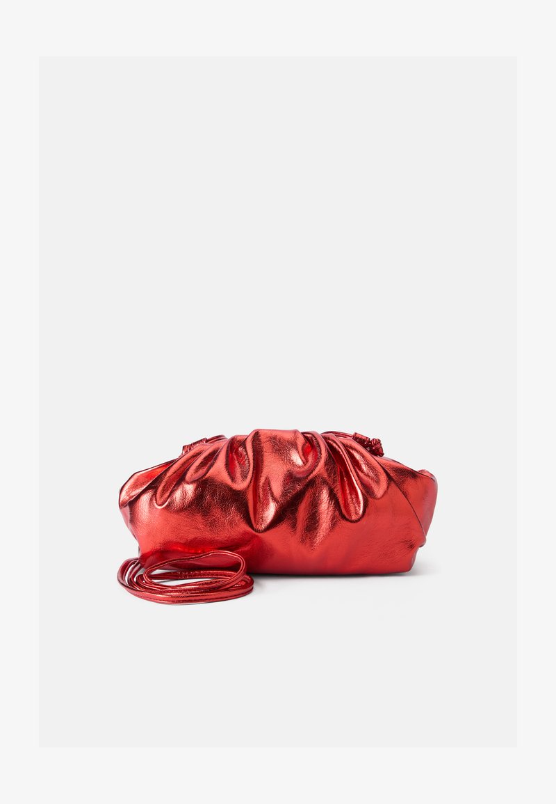 Red metallic handbag with a gathered design, oval shape, and a long, thin shoulder strap. Smooth texture with shiny finish.