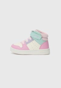 High-top sneakers with pastel pink, cream, and mint colors. Made of leather and mesh, featuring a velcro strap and perforated accents.
