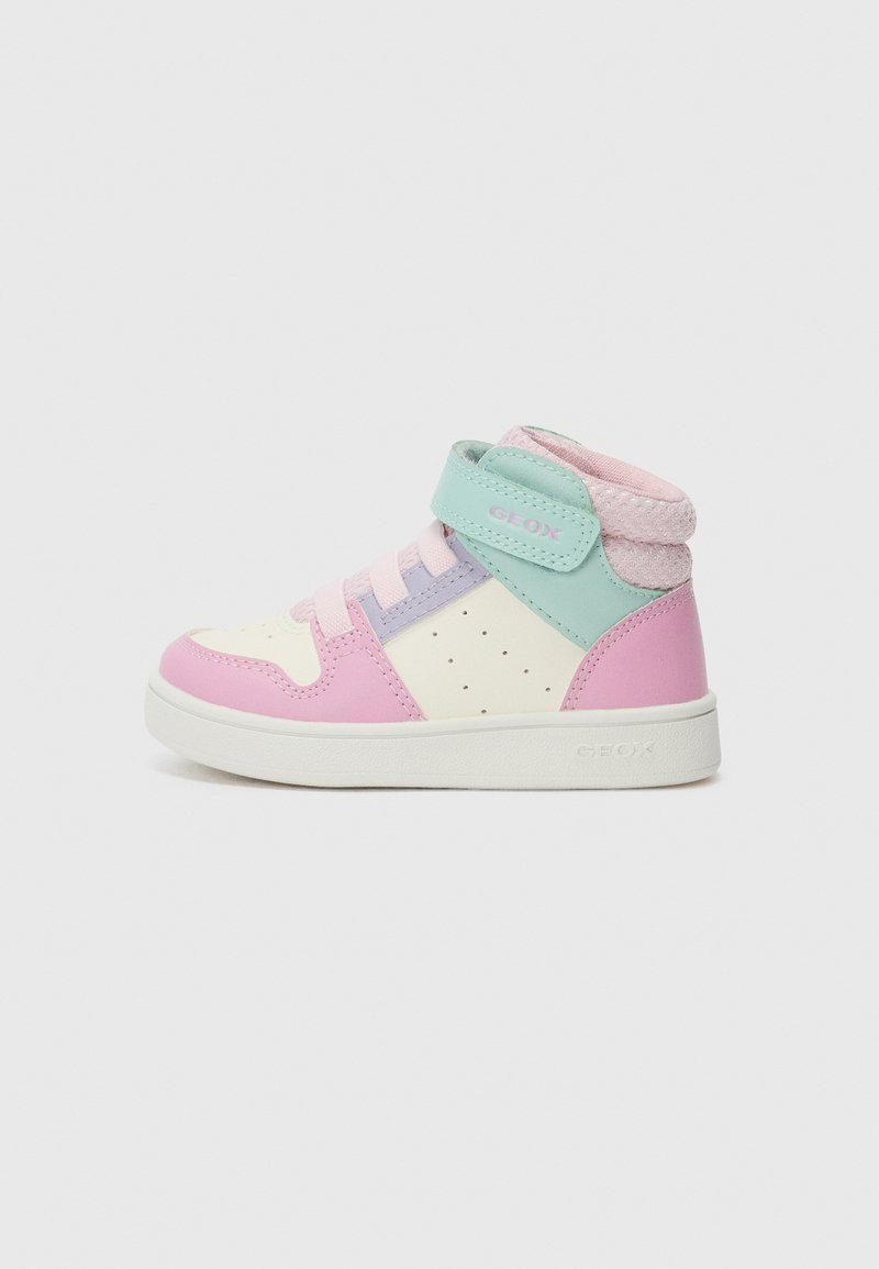 High-top sneakers with pastel pink, cream, and mint colors. Made of leather and mesh, featuring a velcro strap and perforated accents.