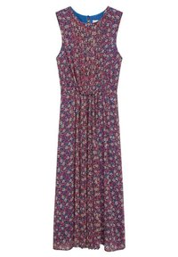 Robe sans manches imprimée en violet avec des motifs floraux. Taille froncée, jupe plissée et encolure contrastante bleue. Texture lisse.