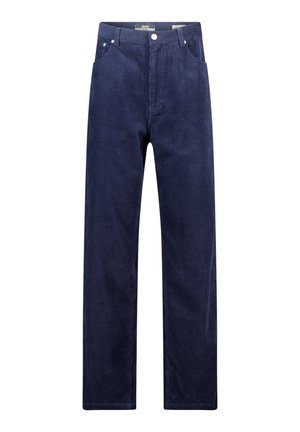 I pantaloni in corduroy blu navy presentano un design a gamba dritta, cinque tasche e chiusura con bottone, con coste visibili.