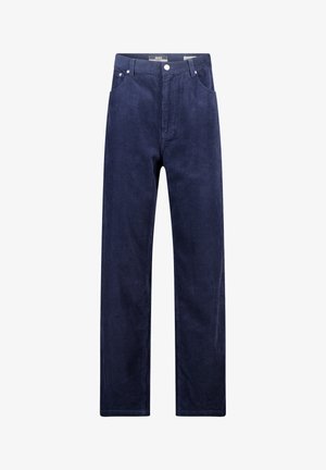 Un pantalon en velours côtelé marine présente une coupe droite, cinq poches, et une fermeture à bouton avec des côtes texturées visibles.