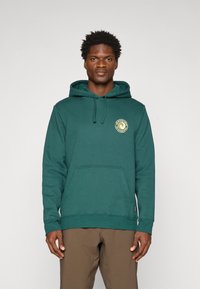 Groene hoodie van een katoenmix; heeft een voorknoopzak, een trekkoordkap en een rond logo op de borst. Glad textuur, comfortabele pasvorm.