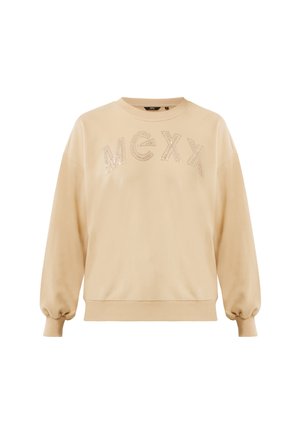 Beżowa bluza z bufiastymi rękawami i ściągaczami, z napisem "MEXX" ozdobionym na klatce piersiowej.