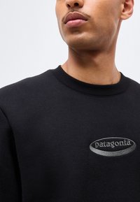 Primer plano de una persona con una sudadera negra de Patagonia con un logo bordado en el pecho, sobre un fondo liso.