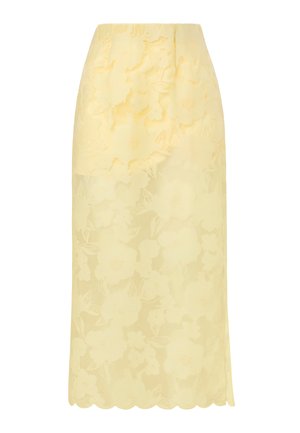 Κίτρινη μίντι φούστα με διαφανή επικάλυψη με λουλούδια και κυματιστό τελείωμα, που διαθέτει στρωμένα υφασμένα φυτικά μοτίβα σε όλο το μήκος.