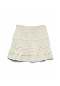 Lichtbeige rok met een smock tailleband, voorzien van horizontale strepen en gelaagde volants aan de zoom. Gemaakt van zachte stof.