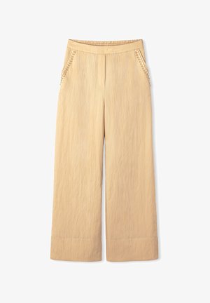 Wijdvallende broek in lichtbeige, met een elastische tailleband en decoratieve kraalaccenten langs de zijzakken. Textuurstof.