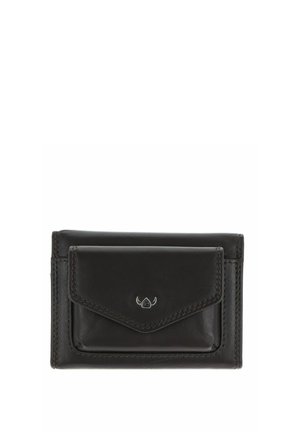 Portefeuille en cuir noir avec poche avant à rabat et petit logo métallique centré sur la poche, sur fond blanc.