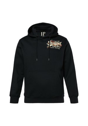 Černá mikina s kapucí a přední kapsou. Obsahuje barevný potisk textu a grafiku v horním levém rohu. Měkká tkanina.