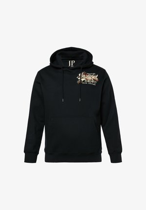 Schwarzer Kapuzenpullover mit einer Fronttasche. Mit buntem Drucktext und Grafik auf der oberen linken Seite. Weicher, gewebter Stoff.