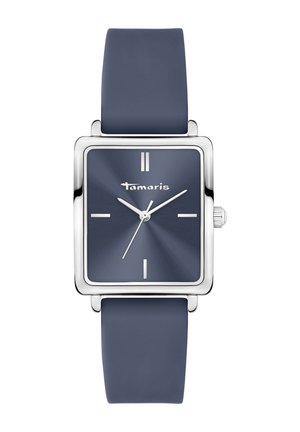 Quadratische silbergerahmte Armbanduhr mit marineblauem Zifferblatt, minimal weißen Stundenmarkierungen, silbernen Zeigern und passendem navyblauem Armband.