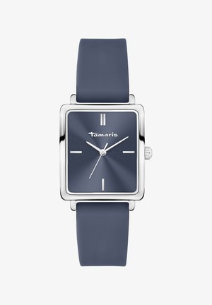 Quadratische silbergerahmte Armbanduhr mit marineblauem Zifferblatt, minimal weißen Stundenmarkierungen, silbernen Zeigern und passendem navyblauem Armband.