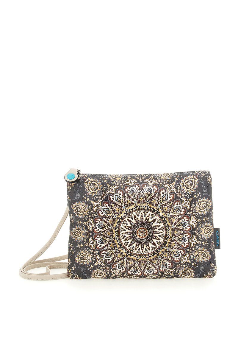 Borsa a busta con motivo floreale di colore grigio scuro, caratterizzata da un design di mandala circolare. Presenta una tracolla beige chiaro e un accento turchese sulla cerniera.