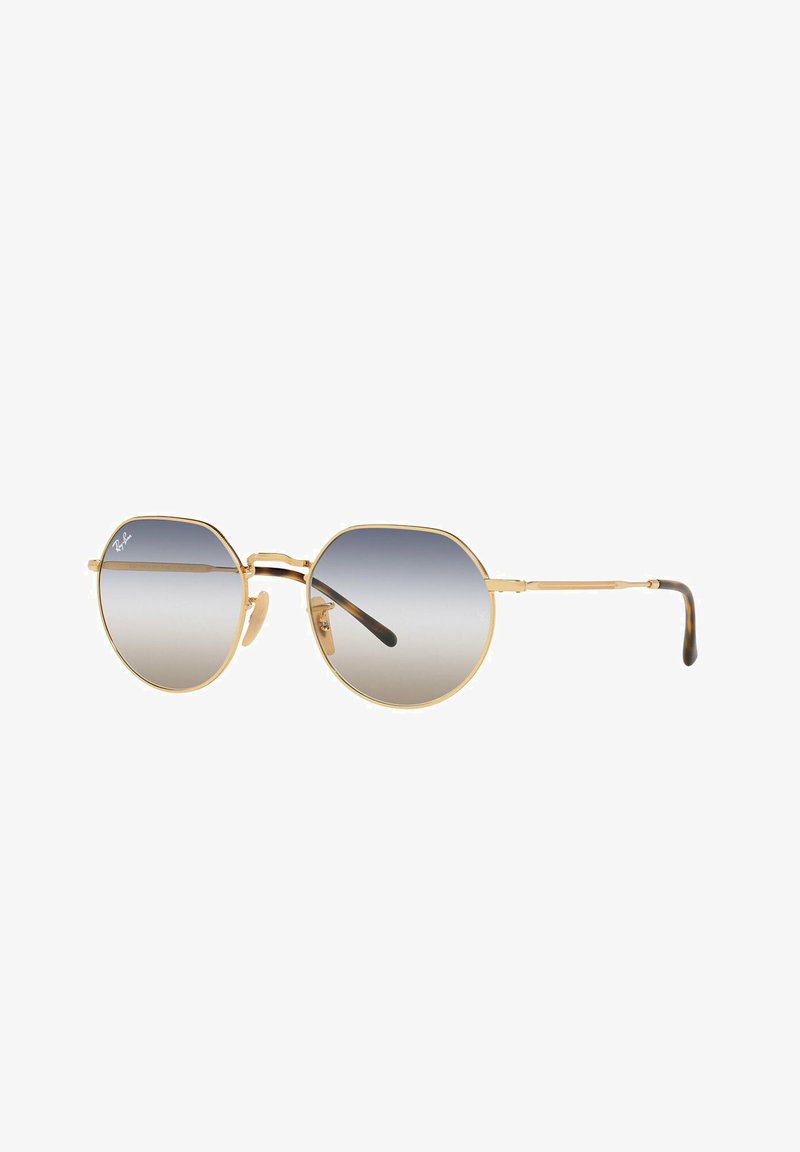 Zlaté osmiúhelníkové sluneční brýle se šedými gradientovými čočkami. Tenký kovový rám a strany s želvovinovým vzorem. Logo Ray-Ban na čočce.