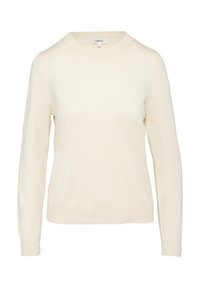 Sweter z dzianiny w kolorze kremowym, z długimi rękawami, okrągłym dekoltem oraz prążkowanymi mankietami i dołem. Gładka faktura i klasyczny krój.