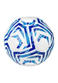 Palla da calcio bianca con motivi geometrici blu. Realizzata con pannelli testurizzati e forme esagonali per una migliore presa e giocabilità.