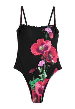 Costum de baie întreg negru cu bretele subțiri și imprimeu mare cu flori roz și roșii în față.