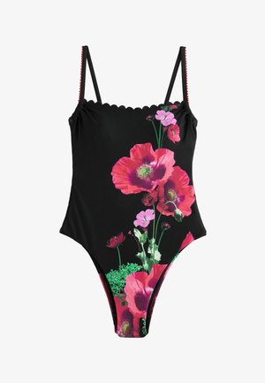 Costume intero nero con spalline sottili e grande stampa floreale rosa e rossa sul davanti.