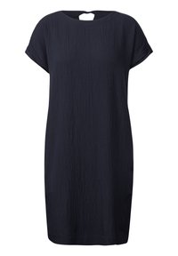 Marinblå avslappnad klänning med en strukturerad yta, korta ärmar, rund halsringning och en nyckelhål bakdetalj. Inga synliga mönster eller hårdvara.