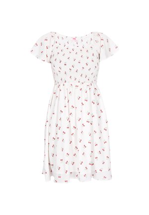 Rochie albă cu mâneci scurte, cu bodice înnodat, fustă evazată și model cu fundiță roșie și imprimeu floral.