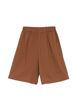 Pantaloncini marroni ampi fino al ginocchio con vita elastica e tasche laterali, realizzati in tessuto leggero.
