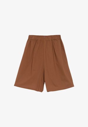 Pantaloncini marroni ampi fino al ginocchio con vita elastica e tasche laterali, realizzati in tessuto leggero.