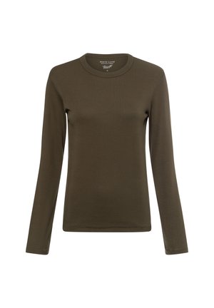 Camiseta marrón de manga larga y cuello redondo, hecha de tela suave, mostrada extendida sin patrones ni adornos visibles.