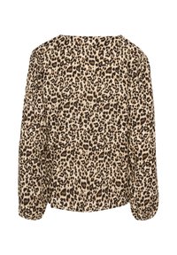 Halenka s leopardím vzorom v béžovej a hnedej farbe, s uvoľneným strihom, dlhými rukávmi a okrúhlym výstrihom. Mäkka tkanina s hladkým povrchom.