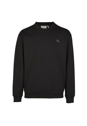 Black sweatshirt made of cotton with long sleeves, ribbed cuff and hem, and a small bird graphic on the left chest. Smooth texture.