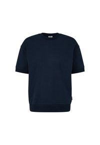 Donkerblauwe sweatshirt met korte mouwen, gemaakt van gladde stof, met een ronde hals, een relaxte pasvorm en een klein logo accent op de zoom.