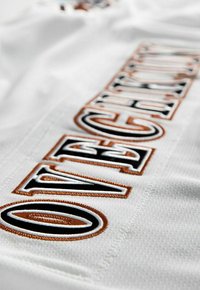 "Close-up of white fabric with embroidered text outlined in brown and black thread, showing detailed stitching and texture."