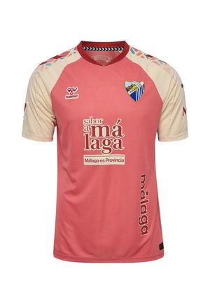 Rød og beige Malaga fodboldtrøje med sponsortekst "sabor a málaga" og klubbens badge på brystet, samt mønstrede skulderdetaljer.