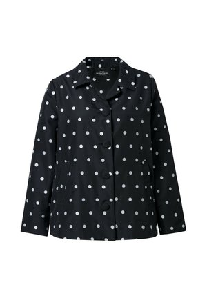 Zwarte jas met zilverkleurige polka dots, knoopsluiting en puntige kraag. Voorzien van twee zijzakken en een glad, glanzend stofoppervlak.