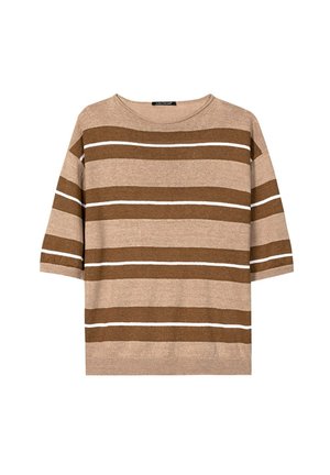 Beige short-sleeve sweater with wide brown and thin white horizontal stripes, crew neck, and ribbed hem and cuffs.