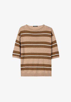 Beige short-sleeve sweater with wide brown and thin white horizontal stripes, crew neck, and ribbed hem and cuffs.