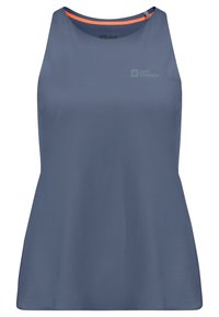 Sleeveless athletic top in dark blue fabric with a smooth texture. Features a rounded neckline and an orange accent at the neck. Logo displayed.
